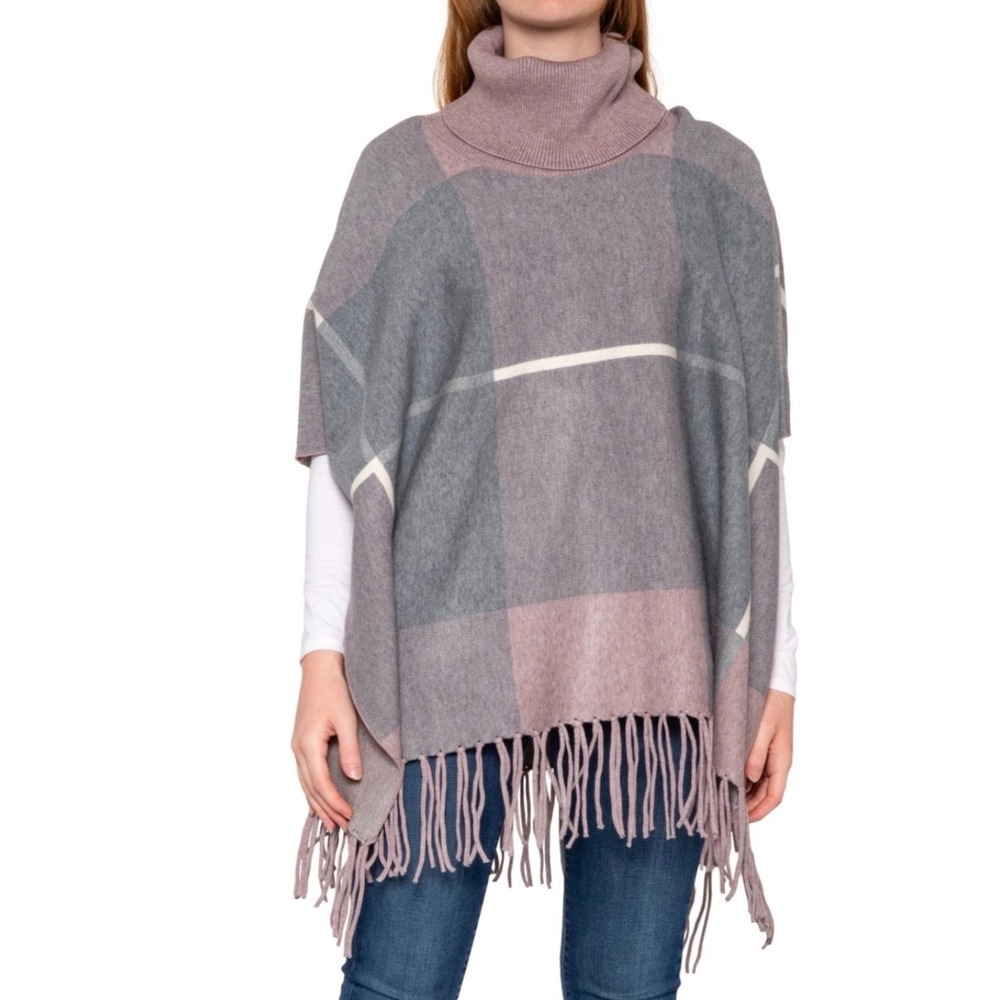 House of Harlow 1960 Grey Mauve Plaid Turtleneck Fringe Knit Poncho One Size
